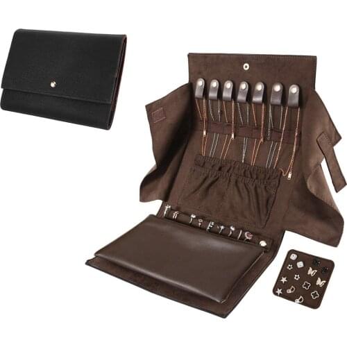 Travel Jewelry Organizer Roll,PU Leather Foldable Jewelry Case for Journey,Necklace,Bracelet,Capacious Travel Jewelry Clutch Bag