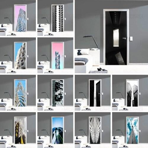 Modern High-rise Building Door Stickers DIY PVC Waterproof Self-adhesive Wallpaper Door Stickers Home Decoration Poster Decals