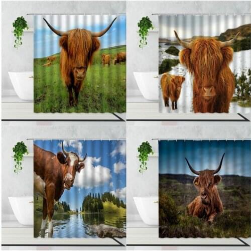 Highland Cattle Shower Curtain Grassland Wild Animals Nordic Style Bathroom Decor Waterproof Bath Curtains Set Wall Decoration