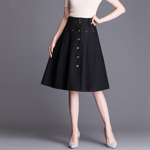 SHERAN 2019 Summer Denim Skirt Women A-line black Jean Skirts Knee Length Female High Waist Button Umbrella Skirts Jupe Femme
