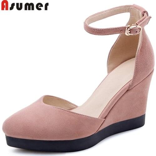 ASUMER 2020 hot sale new pumps shoes women round toe buckle wedges shoes suede leather shoes women two piece ladies shoes