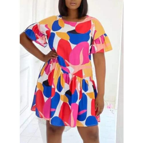 Women Printed Dress O Neck Short Sleeves Ruffles Loose Mini Summer Fashion Casual Plus Size Curve Girls Ladies Colorful Vestidos