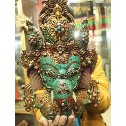 005346 15"Tibet Buddhism Temple Wood Turquoise Gem Lucky elephant Mask Buddha Statue