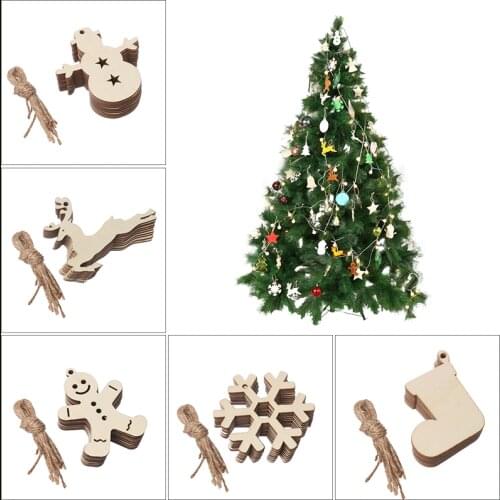 10pcs/pack Natural Wood Chips Christmas Tree Ornaments Xmas Tree Snowflake Shape Wooden Crafts Scrapbooking Decoration Home