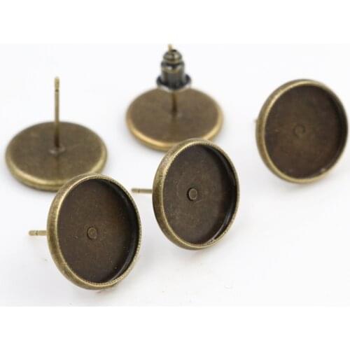 12mm 50pcs Bronze Plated Earring Studs(with Ear plug) Earrings Blank/Base,Fit 12mm Glass Cabochons,Buttons (L3-29)
