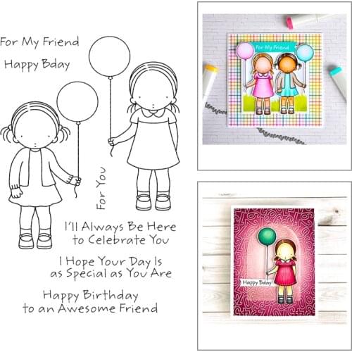 2020 New Word Happy Birthday Clear Stamps Girl Balloon and Friend Die Cut Metal Cutting Dies Scrapbooking For Crafts Card Making