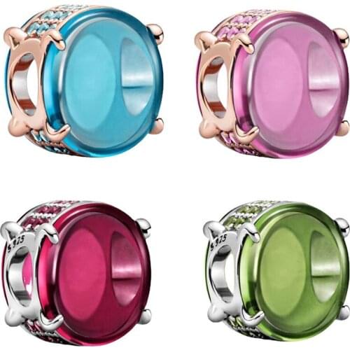 2021New S925 Sterling Silver 4-color Elliptical Camber Zircon Charm Fit Original 3mm Bracelet&Bangle Making Fashion DIY Jewelry