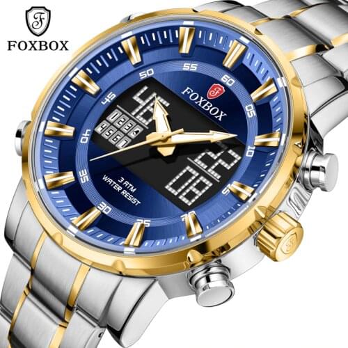FOXBOX Top Luxury Brand Mens Watch Stainless Steel Men Quartz Wristwatches Alarm Clock Sports Watches For Men Relogio Masculino