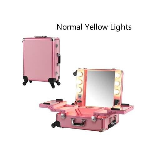 Pink Normal Yellow Lighted Rolling Makeup Case Studio Cosmetic Station Portable Bag for Cosmetics with bulbs without Legs