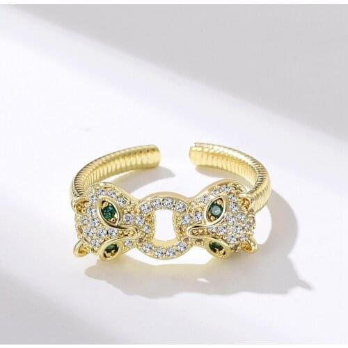 Zircon Double Panther Head Ring INS Popular Personality Hip-hop Punk Open Ring Cool Women Adjustable Leopard Finger Accessories