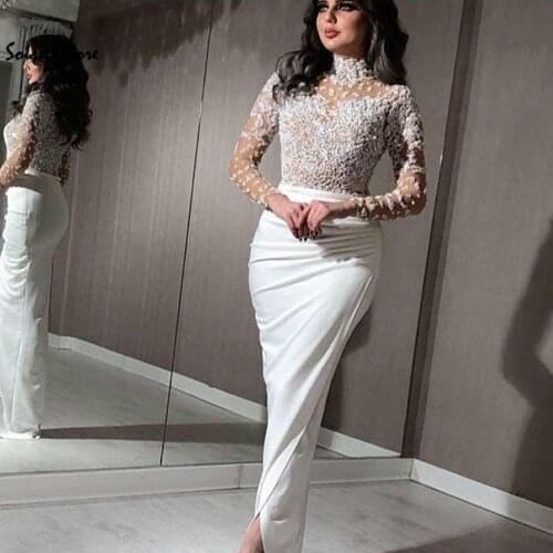 Elegant Mermaid White Prom Dresses Illusion Top Lace Long Sleeve Evening Party Gowns Tight Middle East Special Occasion 2020