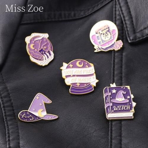 Witch Crystal Ball Of Castle Enamel Pins Magic Hat Spell Book Moon Star Cat Wizard Brooches Badges For Witches Halloween Jewelry