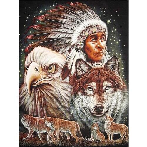 Indian Chief Portrait Diamond Painting Animal Wolf Hawk DIY Mosaic Embroidery 5D Cross Stitch XN1469