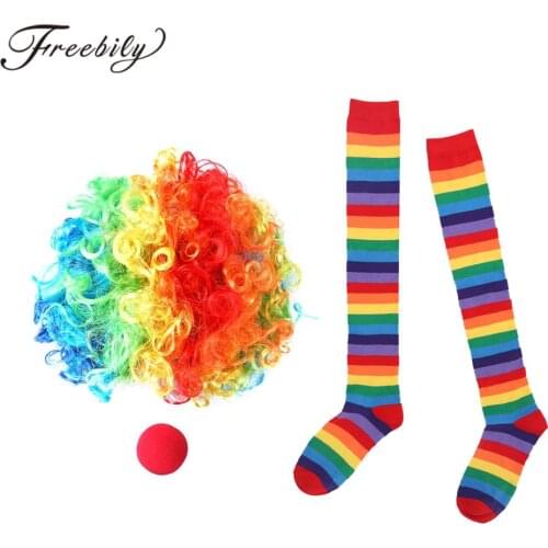 Clown Cosplay Costume Accessories Rainbow Striped Knee Thigh High Sock Costume Wig Red Sponge Nose Set Halloween Party Props