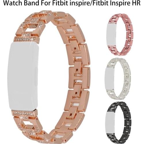 Stainless Steel Metal Watchband For Fitbit Inspire Bracelet D-Prong Rhinestone HR Watch Chain Wrist Strap Smart Accessories