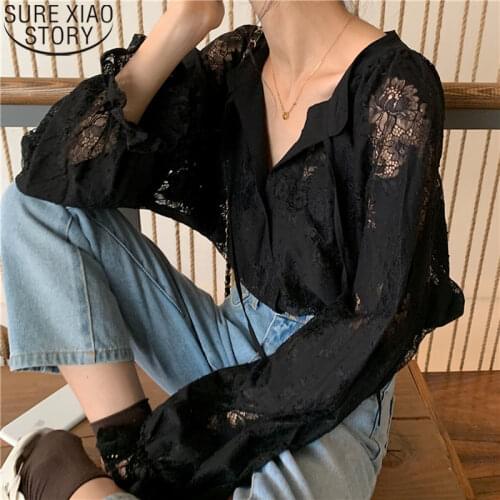 Fashion Carved Lantern Long Sleeve Spring Autumn Black Lace Shirt Tops 2021 Women Shirts Loose Blouse Cardigan Clothes 10202