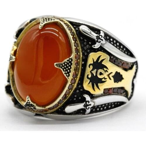 Genuine 925 Silver Mens Ring With Aqeeq Stone Islam Muslim Double Swords Vintage Rings Turkish Jewelry Skull Fine Jewelry Gift