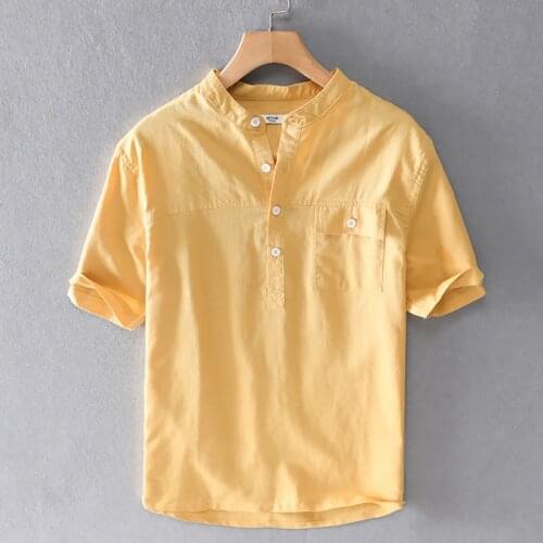 New design summer brand linen shirt men short sleeve stand collar yellow shirts for men casual breathable shirt mens overhemd