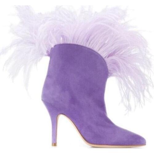 Winter New Woman Hot Pink Purple Gray Fur Slip On Short Boots Pointed Toe Feather Thin Heels Ankle Boots Big Size 44 Drop Ship