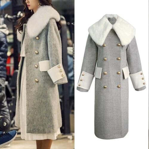 Autumn Winter Wool Coat Women Korean Drama 서지혜 Female Long Double-side Overcoat Womens Elegant Rabbit Fur Collar Coats Outwear