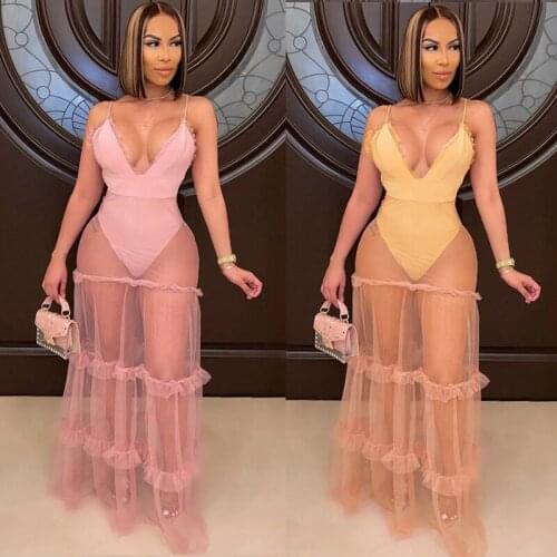 Sexy Mesh Patchwork Women Long Dress Deep V Neck Spaghetti Strap See Through Summer Maxi Dress For Women Nightclub Bodycon S-XXL