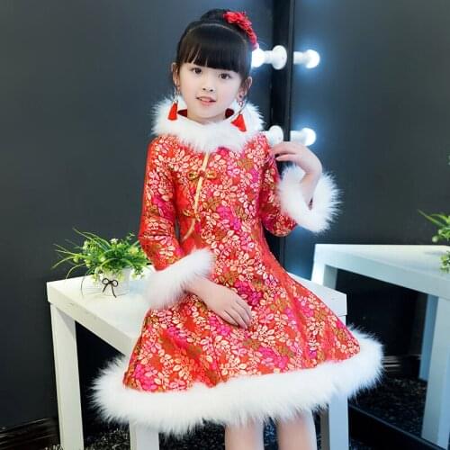 New Year Dress for Girls Chinese Traditional Dress Cheongsam Winter Thick and Quilted Qipao Children Chinese Clothing
