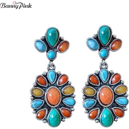 Banny Pink Bohemia Multi Stone Cluster Stud Earrings For Women Vintage Geo Statement Post Earring Multi Stone Chandelier Earring