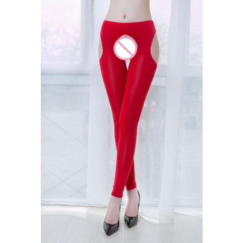 Sexy Women Candy Color Ice Silk Hollow Open Crotch Transparent Leg gings See Through Tight Pencil Pants Erotic Lingerie F16