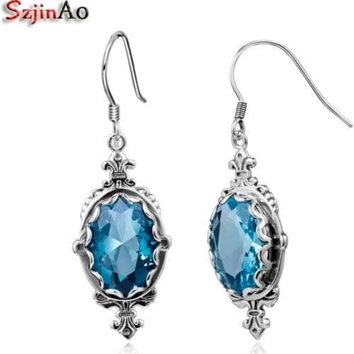 Szjinao Solid 925 Sterling Silver Earings from India Vintage Fashion Jewelry for Women Aquamarine Dangle Drop Earrings
