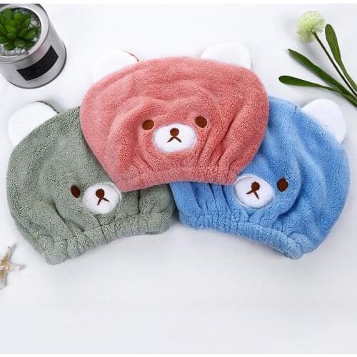 Bear Dry Hair Hat Telescopic Design Coral Fleece Children Shower Cap Thick And Super Absorbent Bathroom Supplies 4 Colors Random