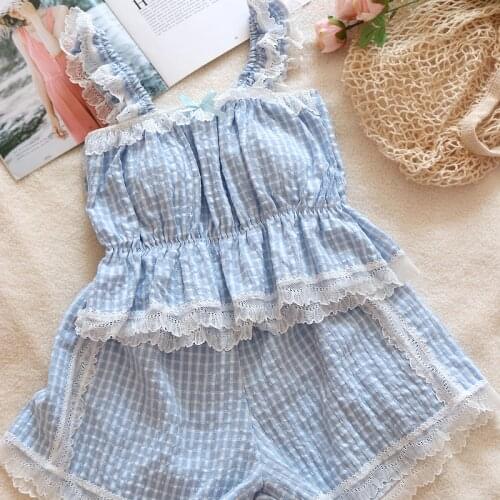 Wriufred Sweet and cute checkered pajamas can be worn outside, home clothes short-sleeve shorts cotton lace trim lingerie sets