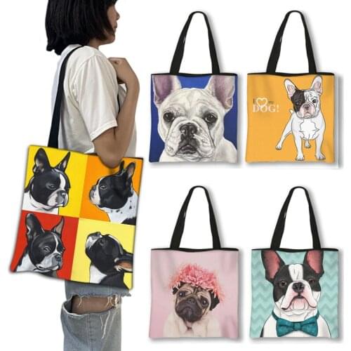 Cute French Bulldogs Dog Print Shopping Bag Women Handbags Female Large Capability For Travel Bag Children Shoulder Bags Gift