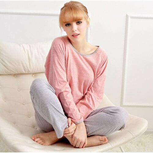2016 Spring Autumn 100% Cotton Women Pajamas Sets of Sleepwear Full Pant Lady Nightgown Female Home Clothes Woman SolidPajamas