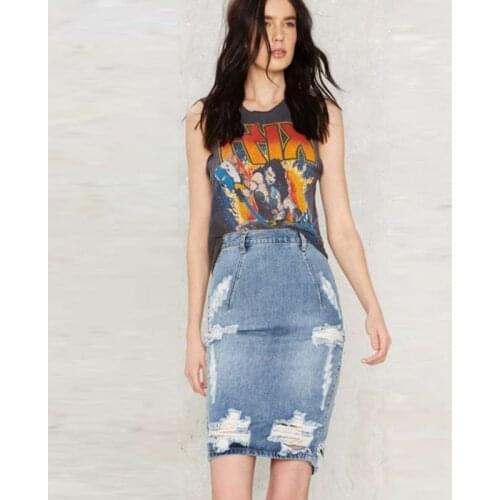 Women Pencil Skirt Ripped Jeans Distressed Destroyed Hole High Waist Frayed Edge Denim Skirts Streetwear Vintage Plus Size Large