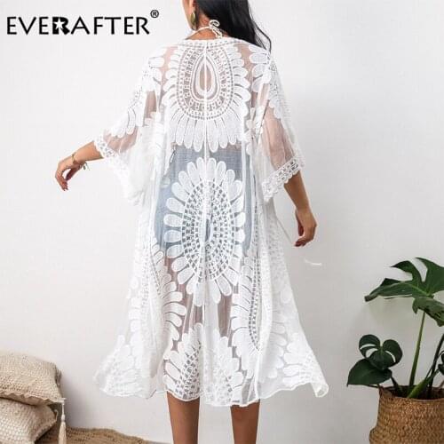 EVERAFTER 2020 Holiday summer chic white Beach Cover Up women embroidery sexy mesh transparent lace casual beach long blouses
