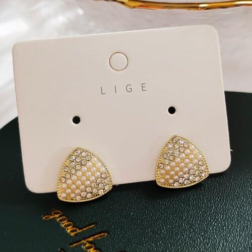 Simple Light Luxury Triangle Rhinestone Simulated-pearl Stud Earrings Premium Texture Minority Micro Inlay Earrings Women