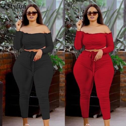RStylish Autumn Activewear Solid Off Shoulder Bodycon Tracksuits Long Sleeve Crop Top+Pants Plus Size Two Piece Set