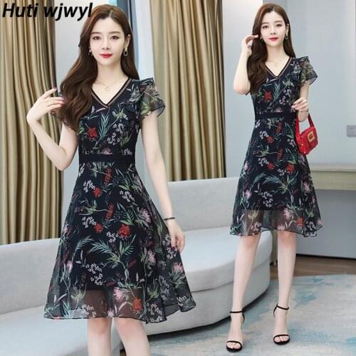 Spring Summer Floral Chiffon Casual Beach Sundress Elegant Women Party Bodycon Vestidos 2021 Vintage Plus Size Boho Midi Dresses