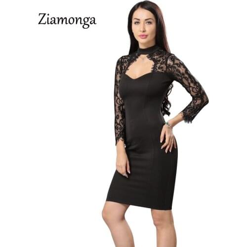 Ziamonga Turtleneck Long Sleeve Midi Lace Dress Sexy Club Bandage Bodycon Dress 2017 Autumn Winter Black Women Party Dresses