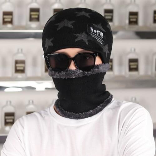 Winter plus velvet warm knitted woolen cap for men riding bib star hat