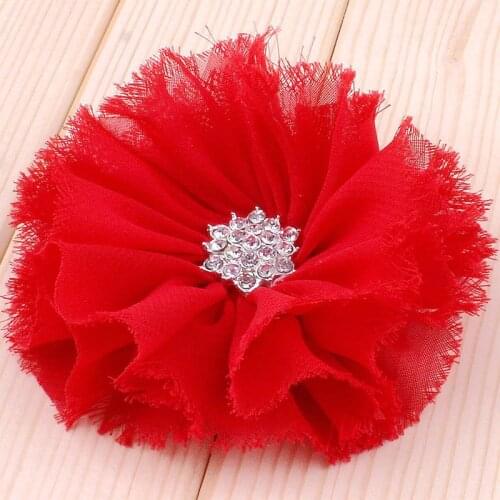 50pcs/lot 3" 16colors Artificial Frayed Chiffon Flower With Snow Rhinestone Button Fluffy Fabric Flowers For Kids Headbands
