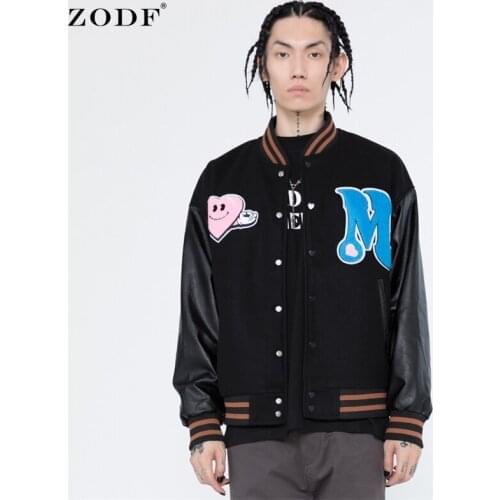 ZODF Brand New Men PU Leather Patchwork Baseball Jackets Heart Embroidery Hip Hop Unisex Women Autumn Coats Streetwear HY0191