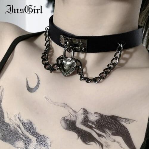 InsGirl Mall Goth Punk Choker Y2k E-girl Streetwear Cospay Heart Pendant Chain Hip Hop Fashion Harajuku Gothic Pu Leather Choker