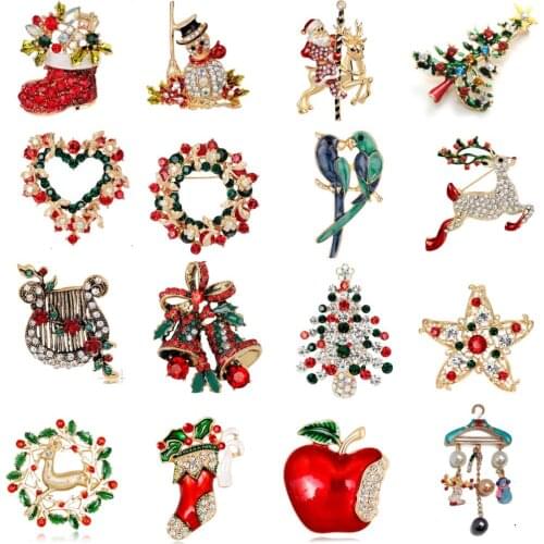 Enamel Snowman Christmas Tree Santa Tree Brooch Pin Christmas Gifts Jingle Bell Boots Brooches Charm Crystal Christmas Gift