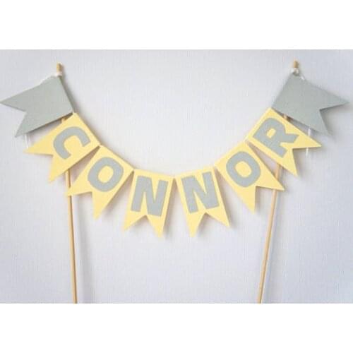 Personalised name yellow grey flag glitter birthday cake bunting topper banner tools christening baptism Party baby shower