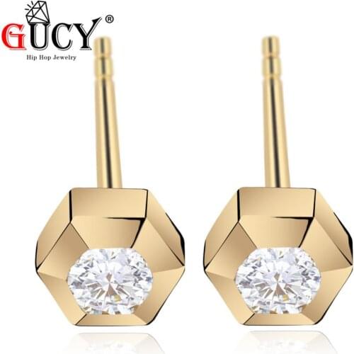 GUCY Shining Genuine Gold Earrings Iced Cubic Zirconia Stud Earring Mens Hip Hop Jewelry For Friend Gift