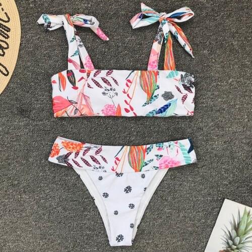 Bandeau Print Bikini Sets Sexy Padded Tank Top Mid-waisted Swimsuit Two Pieces Swimwear Women Beach Bathing Suit Monokini