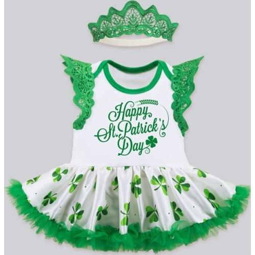 ST Patricks Costume Baby Girls Outfit Bebe Kids Lace Romper Tutu Jumpsuit Overall Children Baby Infant Clothing 2PCS White C022