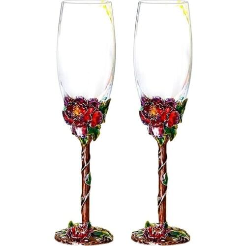 Creative Enamel Crystal Champagne Glasses European Style Wine Glass Cups Set Wedding Glasses Metal Verre A Vin Gift Box FJ017