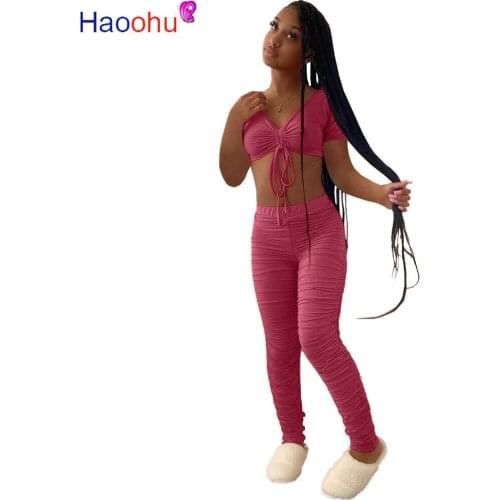 HAOOHU Fashion Street Womens Set Outfits Acitve Stacked Crop Tops and Ruched Pants Matching Two Piece Set Tracksuit Sweatsuit